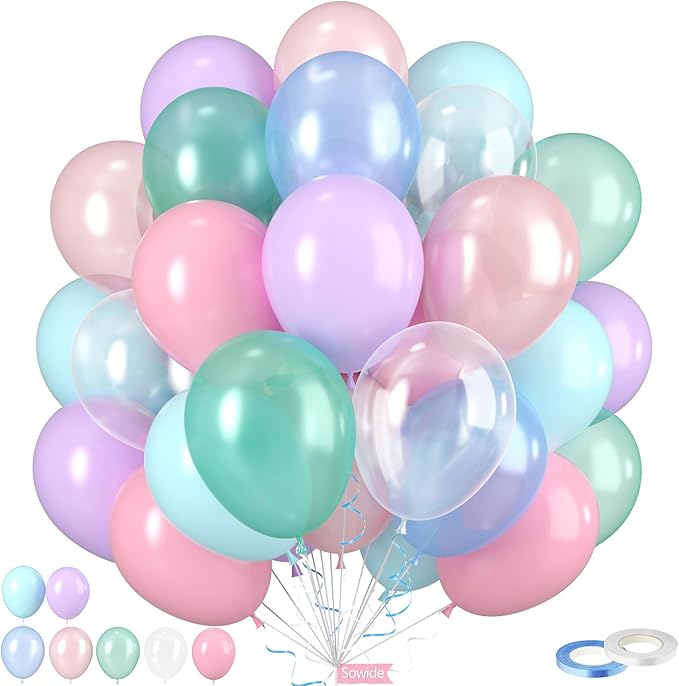 Pastel Mermaid Balloons, 50pcs 12 Inch Pink Purple Teal Blue Pearl Pastel Clear Macaron Balloons for Princess Women Girl Ocean Theme Birthday Summer Pool Party Baby Shower Under The Sea Decorations