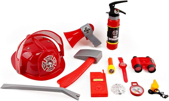 deAO Fireman Costume for Kids, 13 Pcs Fire Fighter with Toys Accessories Set with Washable Storage and Extinguisher, Kids Fireman Dress Up Clothes Pretend Play Toy Birthday Gifts for Boys Girls