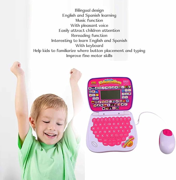 Kids Learning Laptop Bilingual English Spanish Educational Toy with Music Reread Function Keyboard for Children Early Education (Pink)