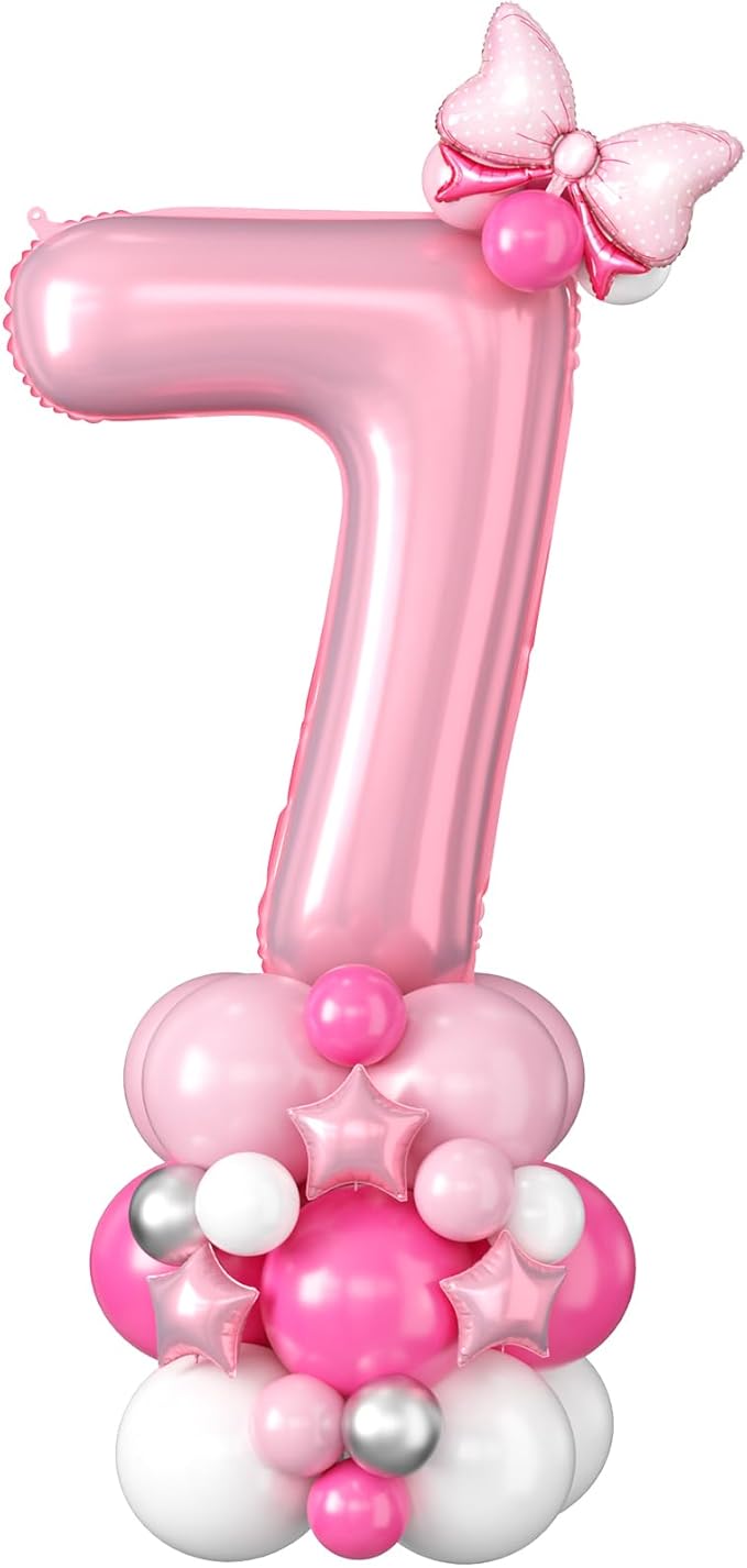 40 Inch Pink Number 7 Balloon for 7th Birthday Decoration Pastel Baby Pink Number Seven Foil Balloon Tower Giant Large Digit Hot Pink White Helium Balloons Stack Stand for Girl Anniversary Party