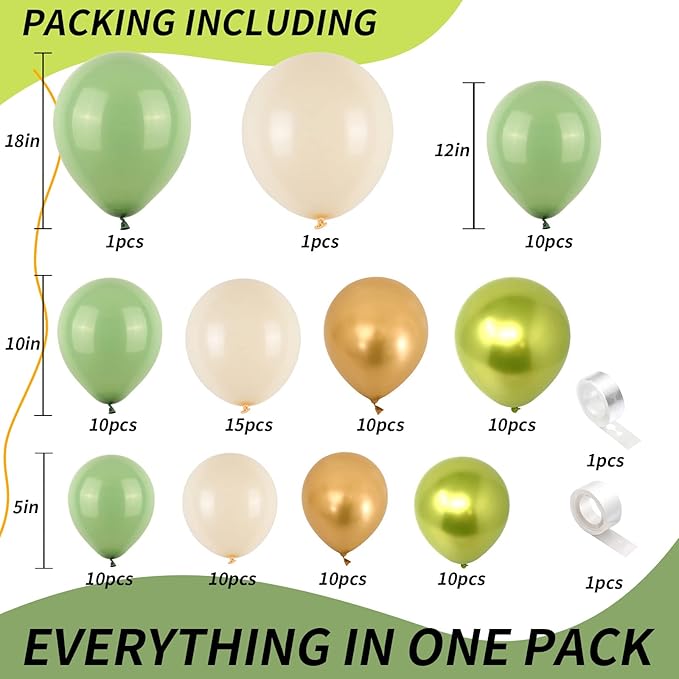Sage Green Gold White Balloon Arch Garland Kit Metallic Lime Green Balloons Garland Olive Green Cream Ivory White Chrome Gold Latex Balloon Jungle Animal Birthday Tropical Dinosaur Party Decorations