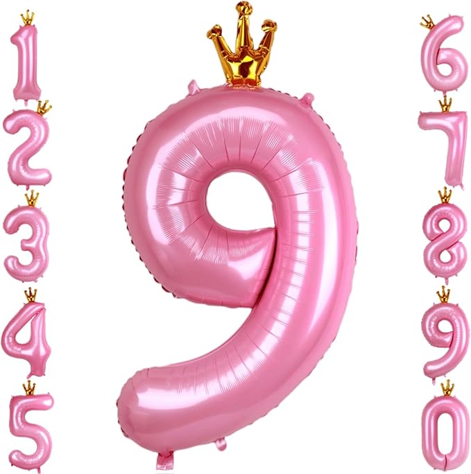 40 Inch Crown Pink Number 9 Balloon, Big Conjoined Baby Pink Foil Mylar Helium 9 Balloon for Girls 9th Birthday Party Decorations Pink Princess Theme Party Decorations Supplies Anniversary Decor
