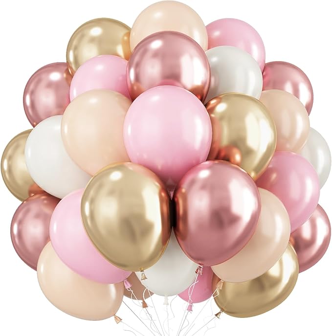 Rose Gold and Pink Balloons, 60PCS Baby Pink Apricot Ivory White Balloon 12Inch Metallic Chrome Gold Rose Gold Balloon Beige Blush Nude Balloon for Boho Wedding Bridal Baby Shower Birthday Decorations