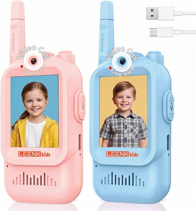 LEENK Video Walkie Talkies for Kids 2 Pack – Rechargeable Video Intercom Handheld, Indoor & Outdoor Range, Easy Use for Ages 3-12, Eco ABS, Clear Voice & Long Distance Communication (Blue & Pink)
