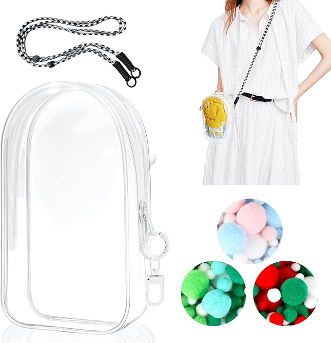 Protective Case for Labubu Plush Doll, Clear Bag Hanging Display with Keychain, Toy Storage Box carrier, PVC Transparent Figure Cover, Carrying Pouch Accessories(Doll Not Include) (Large 7.4")