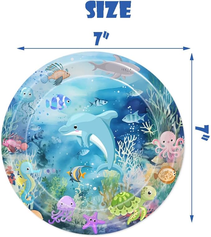 Under The Sea Party Plates Ocean Disposable Paper Plates Dinnerware for Underwater World Sea Life Theme Baby Shower 1st 2nd 3rd 4th Birthday Party Decorations