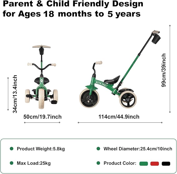 Toddler Tricycles for 2 to 6 Year olds-2 in 1 Kid's Trikes Bike with Push Handles Adjustable & Removable, Push Bike with Toy Storage Basket for Boys & Girls Tricycle Gift (Green)