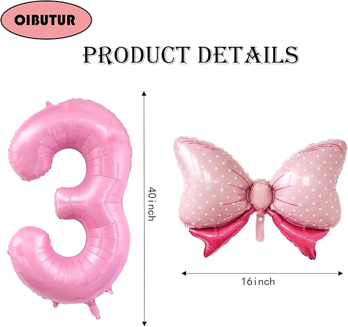 40 inch Number 3 Balloon with Bow Pink Birthday Number Balloon for Girls Daughter Birthday Decorations Party Supplies