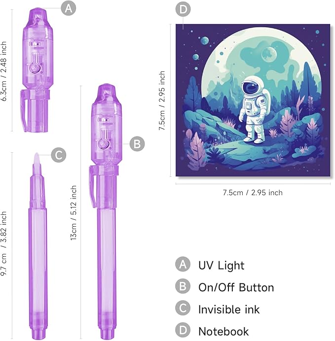 12 Pack Upgraded Invisible Ink Spy Pen with Notebook & UV Light Magic Marker, for Secret Messages Birthday Party Easter Halloween Christmas Goodie Bag Gifts for Kids Ages 3+