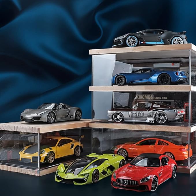 1:24 Scale 4-Tier Vehicle Display Case with Parking Lot Scene for Sports Car & Lego Collectors, Display Stand for Alloy Car Model Toy (4-Tier Auto Repair Store Scene)