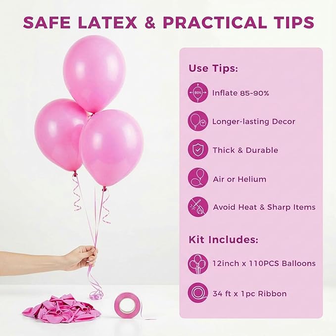 LovesTown 110PCS Pink Balloons, Pink Latex Balloon for Girls Women Valentine's Birthday Baby Shower Graduation Engagement Anniversary Wedding Princess Theme Party Supplies Decoration,12 Inches