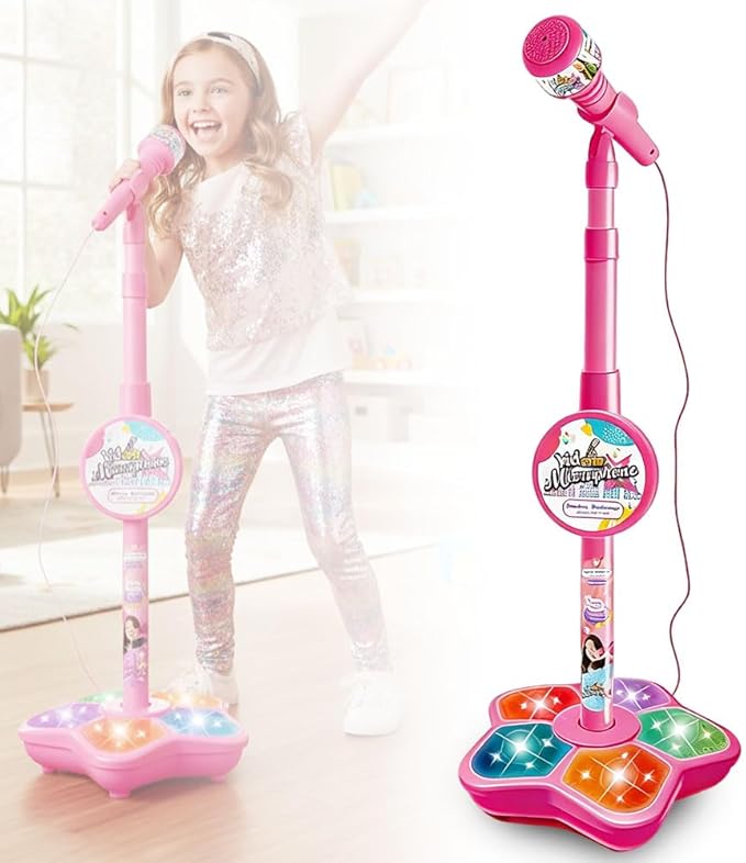 Microphone with Stand, 2026 New All in One Microphone Toy, Colorful Lights with Adjustable Height for Birthday Parties Singing (Pink)