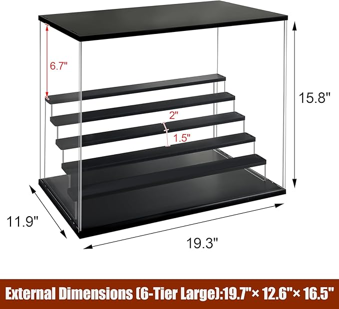 Acrylic Display Case with Adjustable LED Light, 6 L Tier Clear Display Box Dustproof Showcase for Action Figures, Collectibles and Mini Toys, Assembly Display Cabinet(Black 19.7*12.6*16.5in)