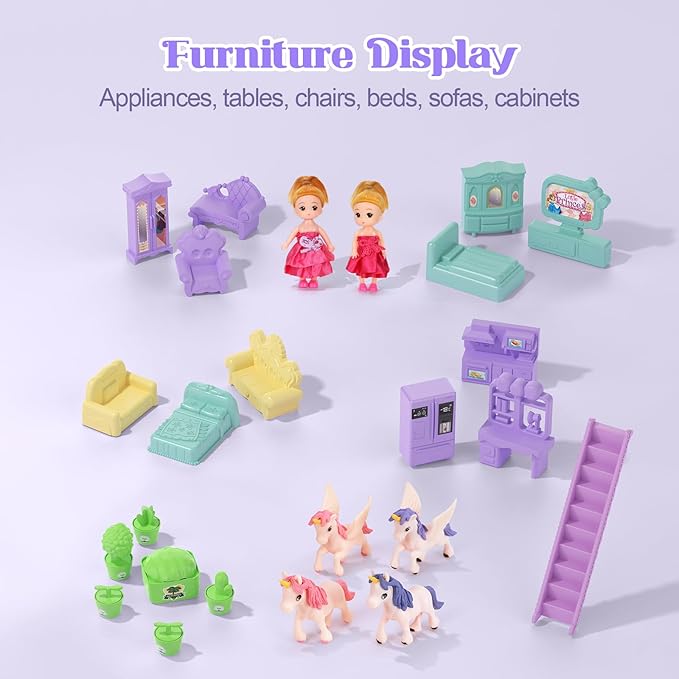 Dollhouse Set with 2 Dolls&4 unicons Dreamy Doll House with 9 Rooms 3 Floors 2 Pets, 12 Pieces Furniture and Accessories, Birthday Princess Dollhouse for Girls for 3 to 12 Years Old