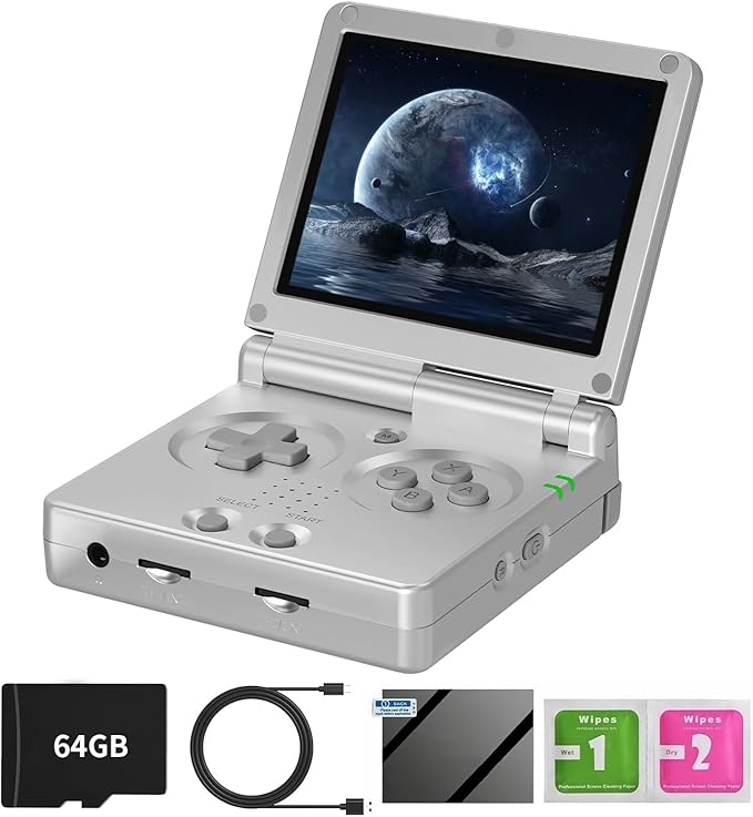 RG35XXSP Handheld Clamshell Games Consoles Built-in 64G TF Card 5000+ Games Portable Style Flip Hand Held Game Video Consoles Linux System with Case (Silver)