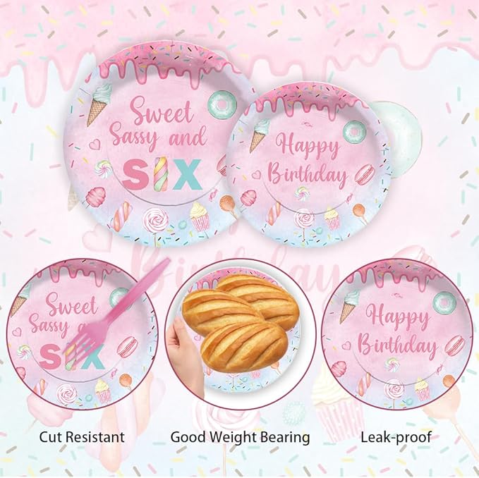 Lofaris Sweet Sassy and Six Birthday Party Supplies Serves 24 - 192Pcs Donut Tableware Set - Candy Dessert Theme Decorations Plates Napkins Cups for Girls