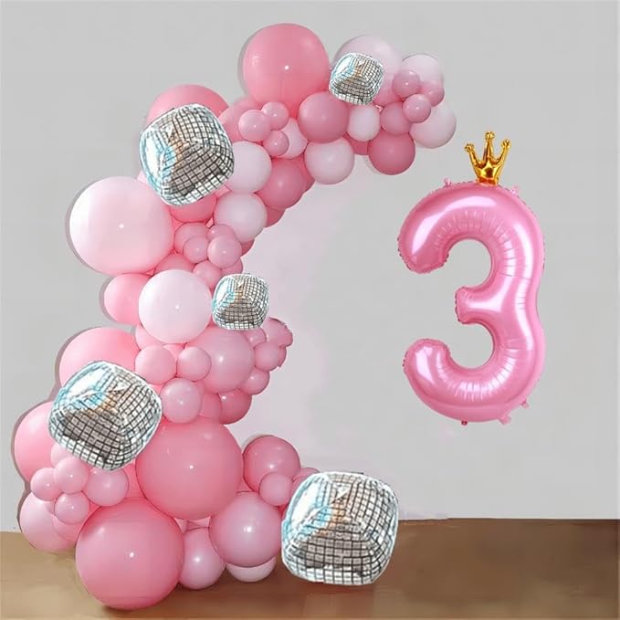 40 Inch Crown Pink Number 3 Balloon, Big Conjoined Baby Pink Foil Mylar Helium 3 Balloon for Girls 3rd Birthday Party Decorations Princess Theme Party Decorations Supplies Anniversary Decor