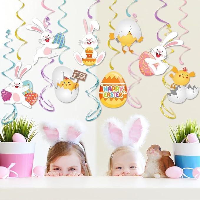 Hanging Easter Decorations Swirls 22pcs, Egg Bunny Ceiling Hanging Party Streamers, Foil Easter Party Decor Supplies for Home Office School, Dangling Spinners Party Ceiling Favor
