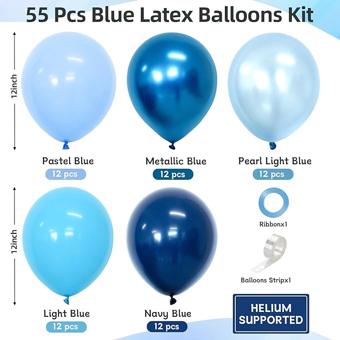 Blue Balloons 60 pcs 12 Inch Light Navy Baby Pearl Blue Metallic Latex Balloons Garland Arch kits for Boys Birthday Baby Shower Graduation Bridal Shower Wedding Party Decoration Supply