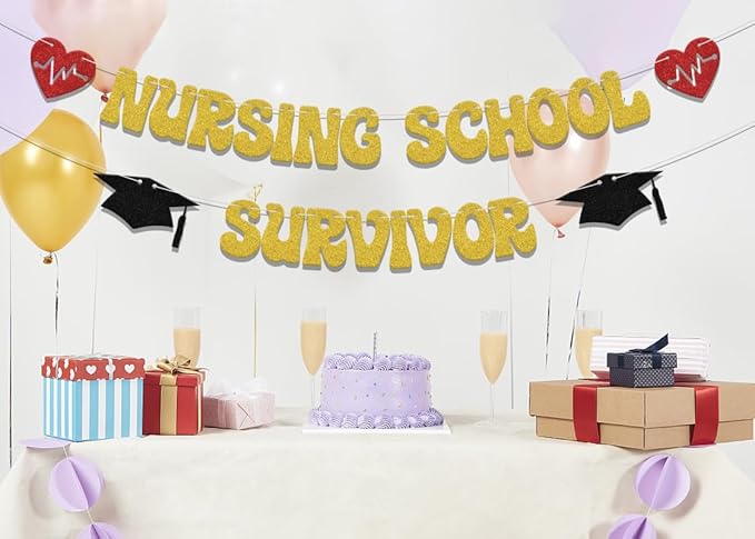 Nursing School Survivor Banner,Class of 2024 Congrats Nurse Party Decorations,Class of 2024 Nursing School Graduation Party Supplies Gold Red Black