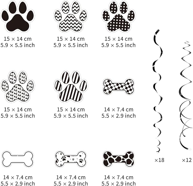 Dog BirthdayHanging Swirl Set Party Decorations, 48 Pcs, Dog Paw Bones Party Supplies Sign,White Black Grid