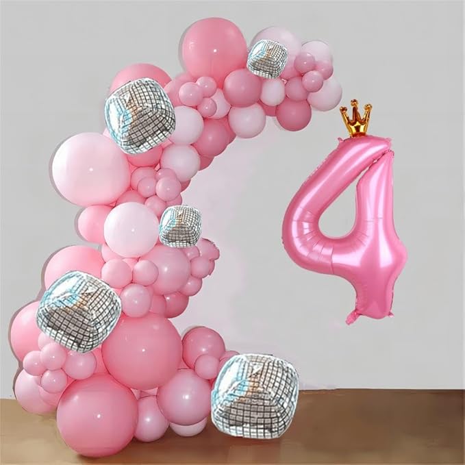 40 Inch Crown Pink Number 4 Balloon, Big Conjoined Baby Pink Foil Mylar Helium 4 Balloon | Girls 4th Birthday Party Balloons Princess Theme Birthday Party Decorations Supplies Favors