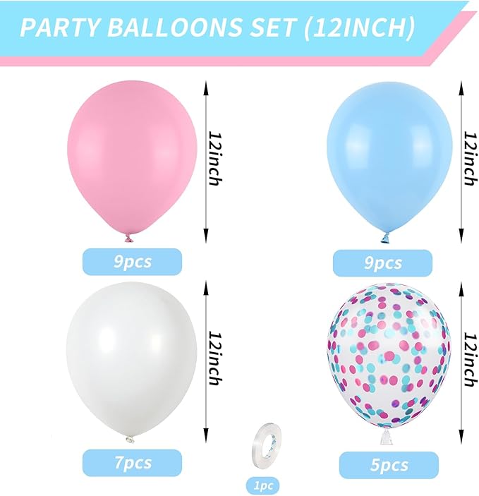 Pink and Blue Balloons Set, 12 Inch Pastel Pale Blue Pink Confetti Latex Balloons, Light Blue Pink White Balloon Kit for Boy or Girl Gender Reveal Party Birthday Baby Bridal Shower Decorations