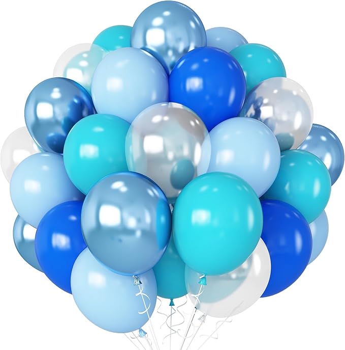 Teal Blue Balloons 12 Inch 60pcs Ocean Turquoise Blue Party Balloons Transparent Metallic Pastel Light Blue Latex Helium Balloon for Under The Sea Birthday Baby Shower Shark Party Decorations