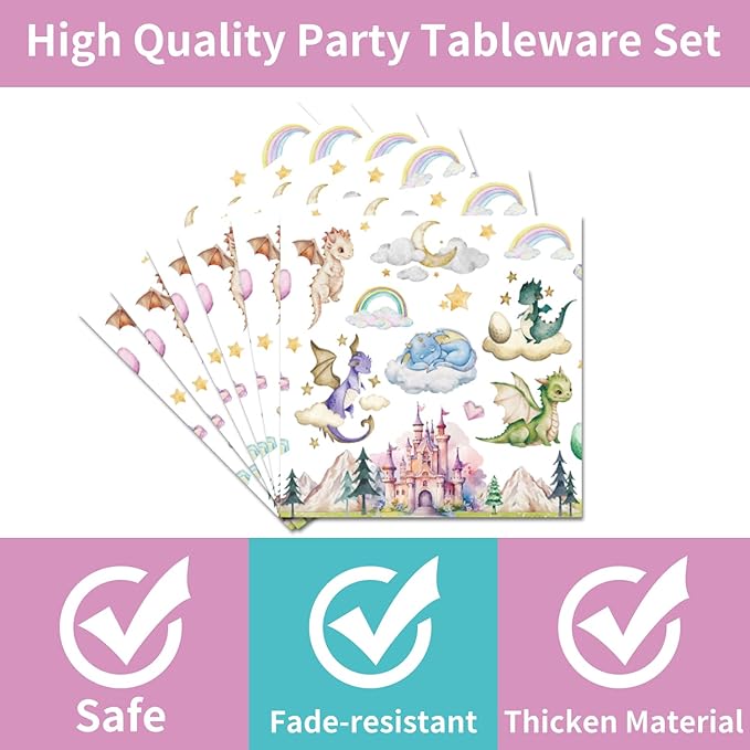 Dragon Birthday Party Supplies Tableware - 96 Pcs Watercolor Dragon Plates and Napkins, Magical Dragon Theme Dinnerware Set, Dragon Party Supplies Decorations for Baby Shower Serve 24 Guests
