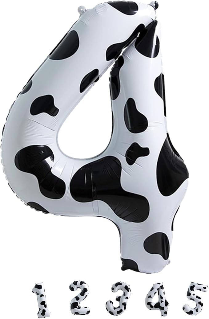 40 Inch Cow Print 4 Balloons Number for Kids, Big Self Inflating Foil Number Balloons for Girls Boys 4th Birthday Party Farm Animal Theme Baby Shower Cowboy Cowgirl Theme Party Decorations Supplies