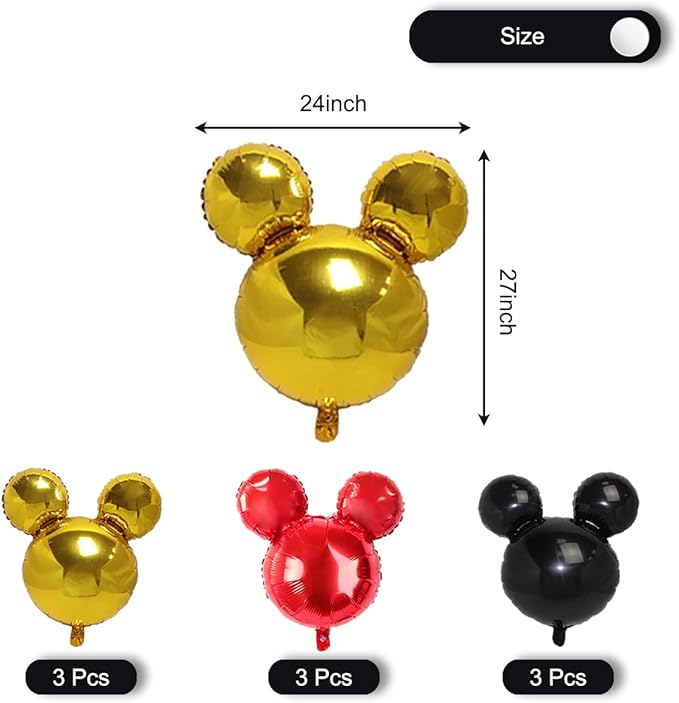 9Pack Mouse Party Foil Balloons, 27” Black Red Yellow Balloons for Cartoon Mouse Party, Baby Shower, Kids Birthday Theme Party Decoration Supplies
