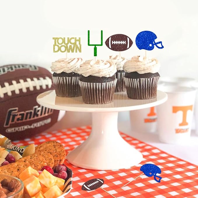 24 Pieces football Theme Glitter Cupcake Topper Cake Picks Decoration for Baby Shower Birthday Party Favors, Sunday Party Supplies with Touchdown, Football and Field Goal