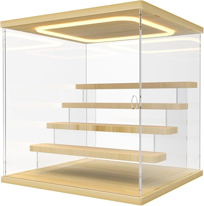 Nynelly Acrylic Lighted Display Case for Collectibles, 5 Tier Figure Display Box with Door and Steps, Assemble Dustproof LED Showcase Storage Box for Mini Figures, Funko Pop, Toys, Wood Color