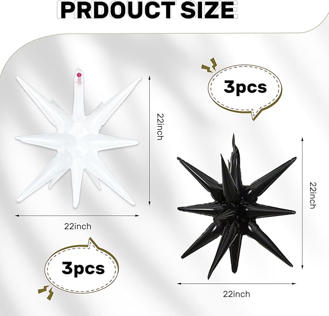 6 Pcs White Black Star Foil Balloons One-Piece 14-Pointed Star Balloon 4D Starburst Cone Mylar Balloon 22inch Christmas Birthday Wedding Wedding Anniversary Party Supplies (White + Black)