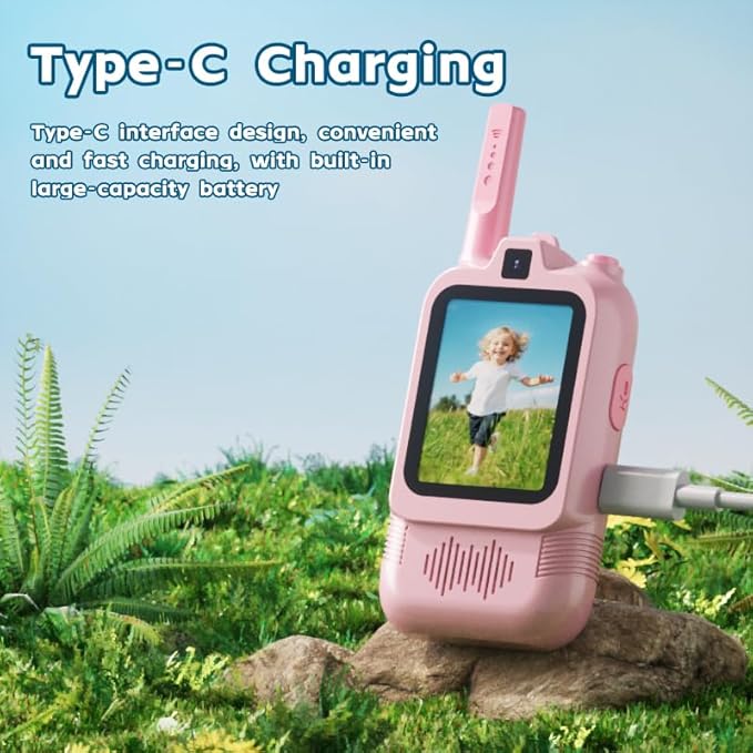 Video Walkie Talkies for Kids 2 Pack with Dual Camera, 2.0” Screen, Voice Chat & Photo Capture – 150–500m Range, Fun Voice Effects, Auto Pairing, 650mAh Rechargeable Battery
