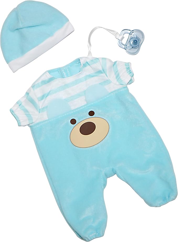 JC Toys |Blue Bear Onesie | Baby Doll Outfit + Hat + Pacifier | | Ages 2+ | Fits Dolls 12"- 14"