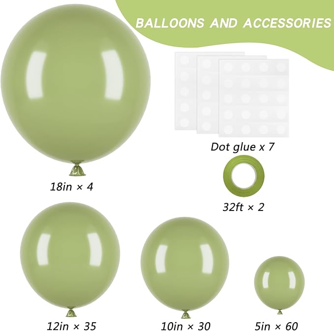 RUBFAC Sage Green Balloons 129pcs Different Sizes 18 12 10 5 Inch, Olive Green Latex Balloon Garland Arch Kit for Birthday Party Graduation Baby Shower Wedding Safari Jungle Balloon Decoration