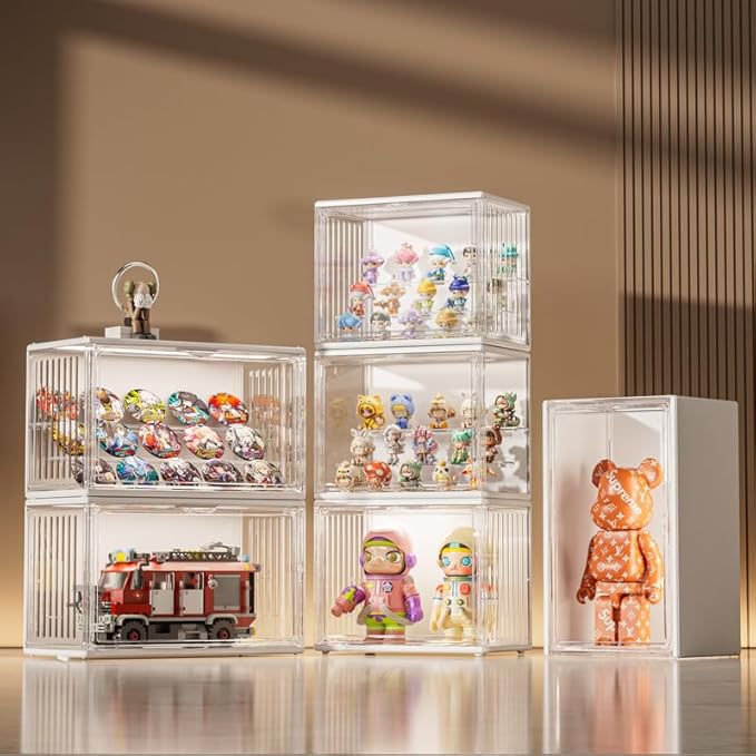 Lighted Figure Display Case, PET Clear Dustproof Collectible Display Box with LED Lighting, Multi-Tier Action Figure Storage Organizer for Mini Figures, Toys and Anime Collectibles