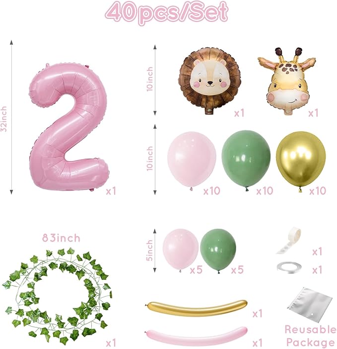 Jungle Safari Birthday Balloons, Pink Animal Balloons Birthday Party Supplies for Safari Birthday Wedding Shower Party Decorations (Number 2)
