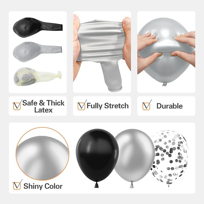 137Pcs Black and Silver Balloons Garland Arch Kit with Stars - 5 10 12 18 inch Black Silver Confetti Latex Party Balloons for 2025 Graduation Retirement Birthday Anniversary
