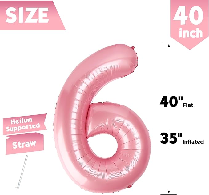 40 Inch Pearlescent Pink Number 6 Balloon, Giant 6 Number Balloons for 6th Birthday Decorations, Party Supplies for Baby Boy Girl, Pearlescent Pink Party Decor