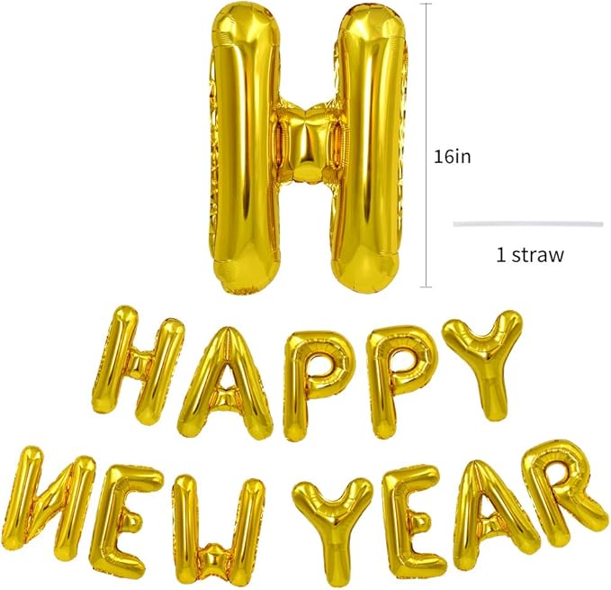 TONIFUL Gold Happy New Year Balloons 16 Inches Mylar Foil Letter Sign Banner balloon For 2025 New Years Eve Party Anniversary Decor Home Party Decorations