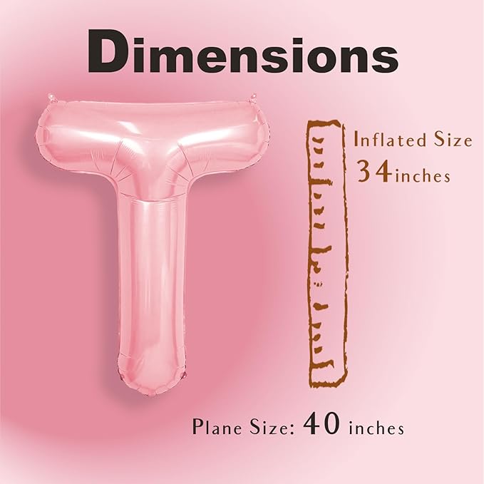 SUWEN 40 Inch Pink Large T Letter Balloons Big Foil Helium Letter Balloons A-Z Jumbo Mylar Happy Birthday Party Decorations for Girl Anniversary Party Supplies