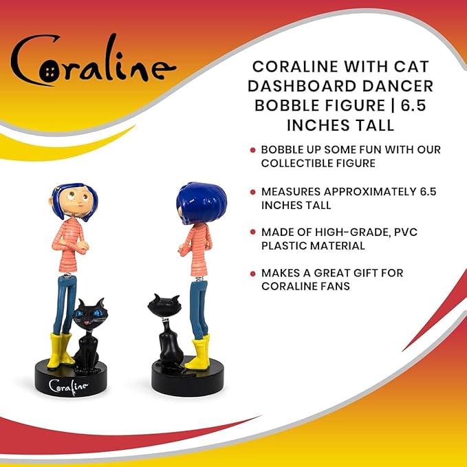 Surreal Entertainment Coraline with Cat PVC Bobble Figure Statue | Collectible Bobblehead Action Figure, Desk Toy Accessories | Novelty Gifts for Home Office Decor | 6.5 Inches Tall