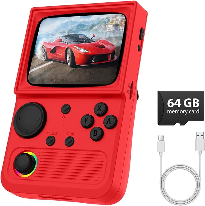 R36T Retro Gaming Console, 3.5'' IPS Screen CRT-Inspired, Handheld Game Console with 18000+ Classic Games Supports WiFi Networked Fighting and OTG, 3500mAh Battery, with Portable Case(Red 64GB)