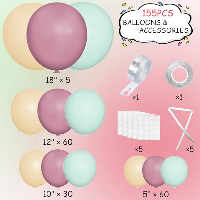Dusty Green Purple Nude Balloon Arch Kit, 155Pcs Mist Green Pstel Lavender Blush Neutral Balloons Garland for Baby Shower Wedding Birthday Gender Reveal Party Decoration