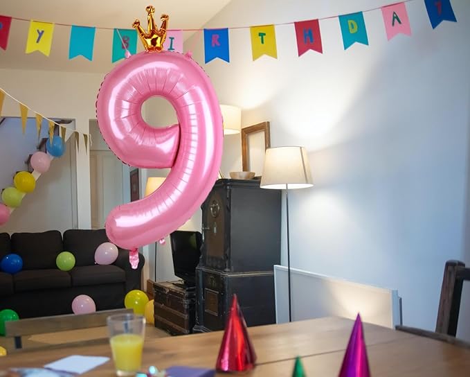40 Inch Crown Pink Number 9 Balloon, Big Conjoined Baby Pink Foil Mylar Helium 9 Balloon for Girls 9th Birthday Party Decorations Pink Princess Theme Party Decorations Supplies Anniversary Decor