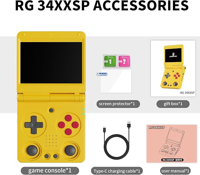 RG34XXSP Retro Handheld Game Console RG34XX SP Retro Gaming Console with 64G Preloaded 5000+ Games,3300 mAh Battey, Portable Pocket Arcade Support 30+ Simulators 5G WiFi Bluetooth HD Yellow