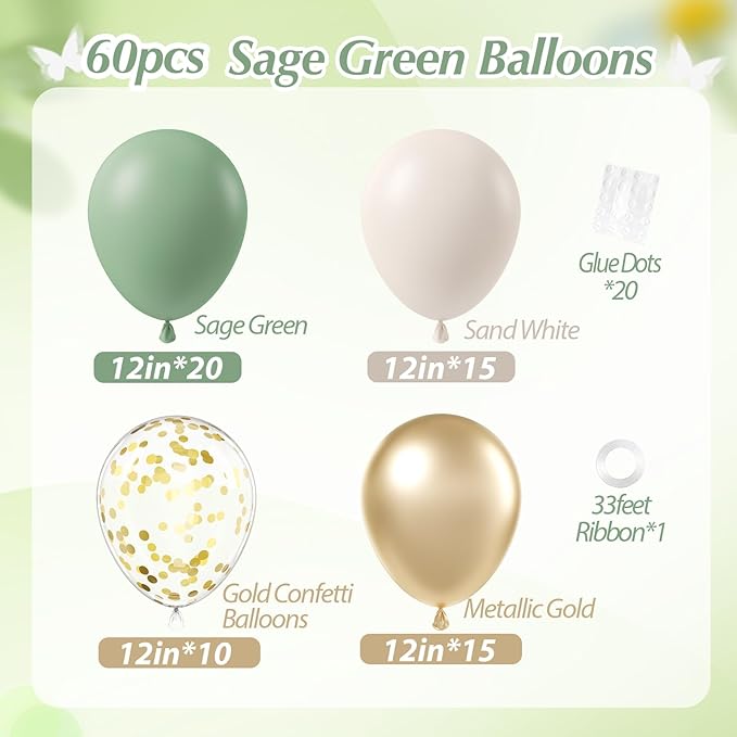 Sage green Balloons, 60pcs 12inch Sage green Sand White Metallic Gold Confetti Balloons for Boho Birthday Wedding Bridal Baby Shower Engagement Party Decorations
