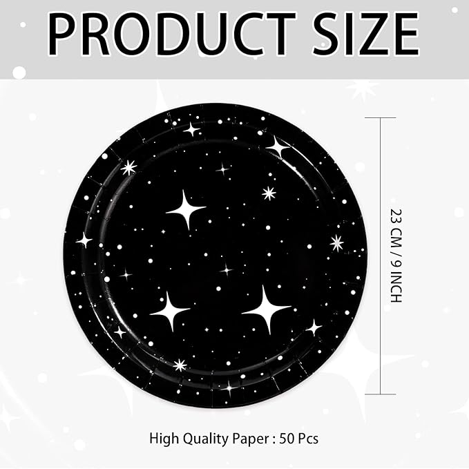 50Pcs Black Stars Paper Plates 9 Inch Space Galaxy Theme Party Disposable Plates Spaces Galaxy Birthday Decorations for Mens Boys Game Night Star Party Supplies Dinner Table Decor